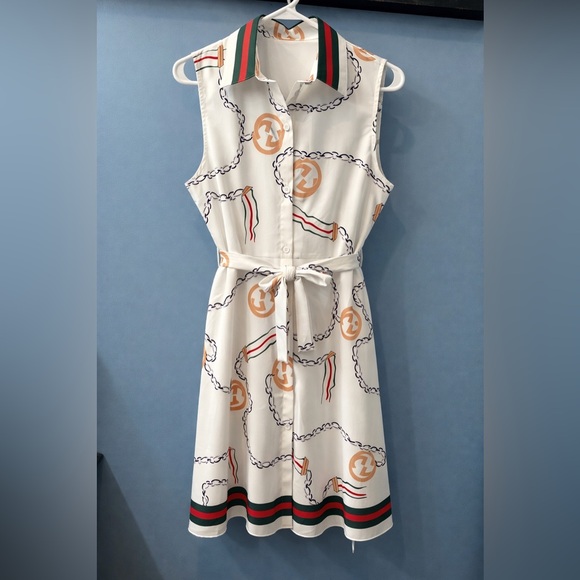 Boutique Luxury Sleeveless Chain Print Dress Green Red Stripe Size Large NWOT - Picture 1 of 8